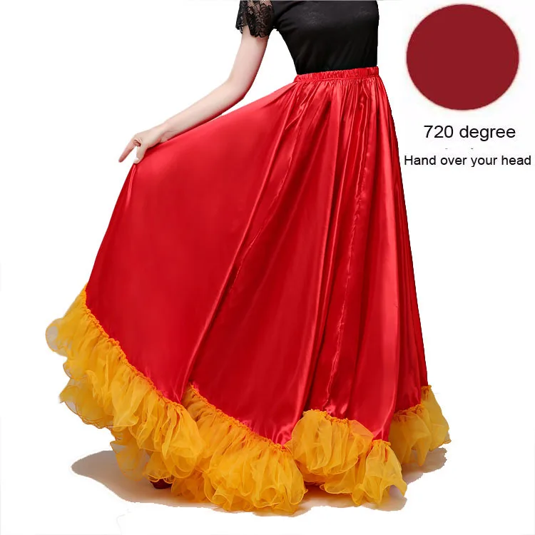 Red skirt 720 degree Модная Великолепная Женская юбка для танца живота размера плюс, платье для испанского фламенко, одежда для команды, кружевная атласная одноцветная гладкая юбка - Цвет: Red skirt 720 degree