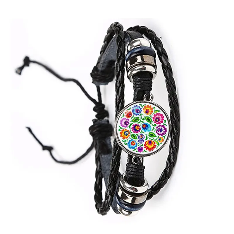 Ethnic Polish Folk Art Pattern Glass Cabochon Leather Bracelet Bohemia Fashion Flower Print Round Jewelry Bangle For Women Men |