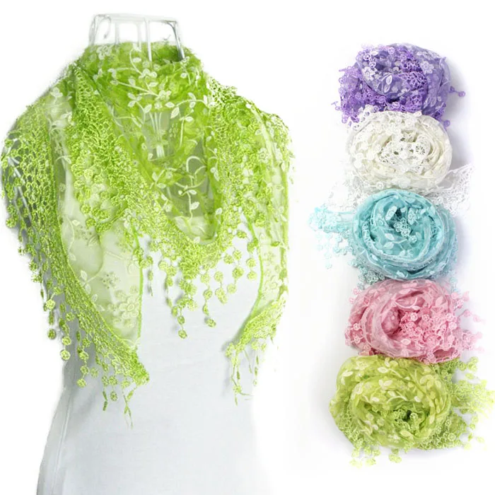 Женский шарф с кисточками кружевной треугольный цветочным принтом шифоновая