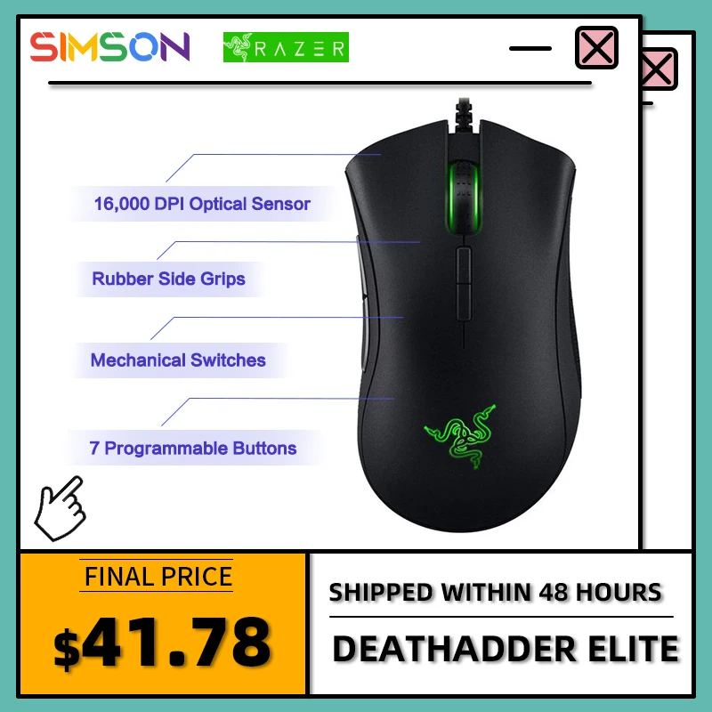 

Razer DeathAdder Elite Gaming Mouse 16,000 DPI Optical Sensor - 7 Programmable Buttons - Mechanical Switches - Rubber Side Grips