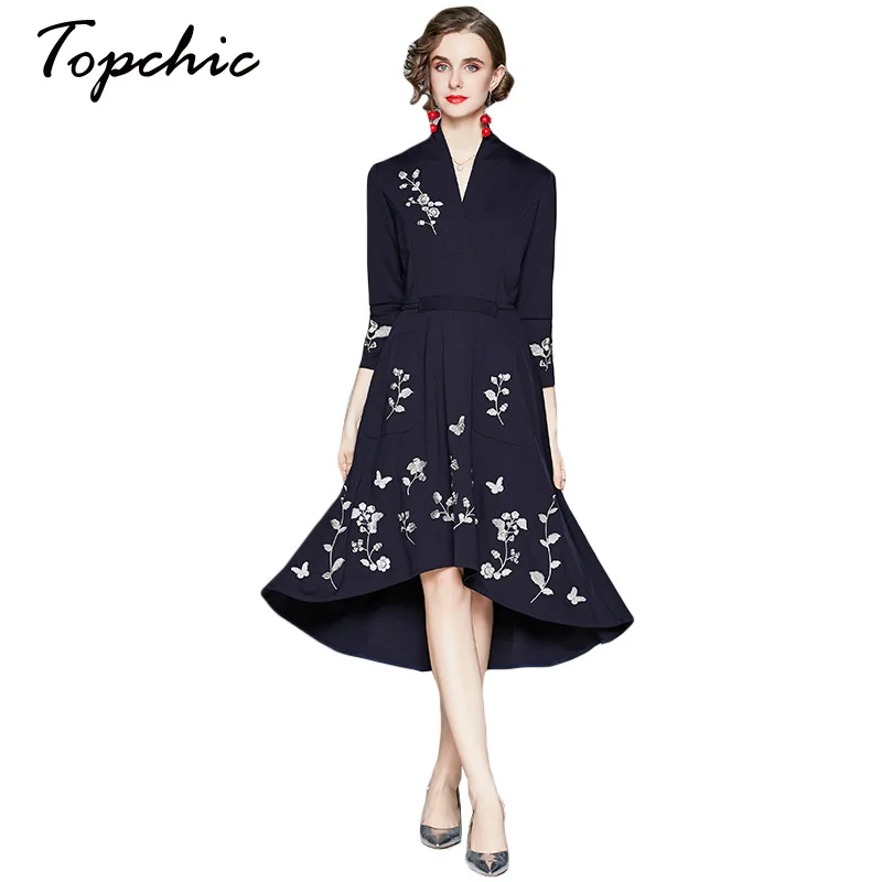

High Quality Autumn Woman Clothes Fashion Runway Designers 3/4 Sleeve Floral Embroidery Dress Party Female Vestidos