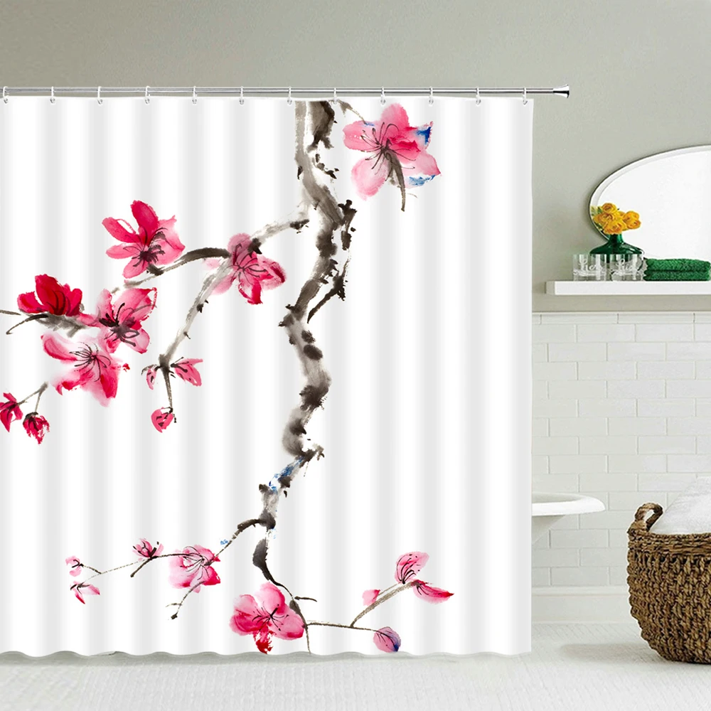 

Chinese Plum Flower Plant Polyester Fabric Shower Curtains Decor Multi-size Ink painting Waterproof Shower Curtains for Bathroom