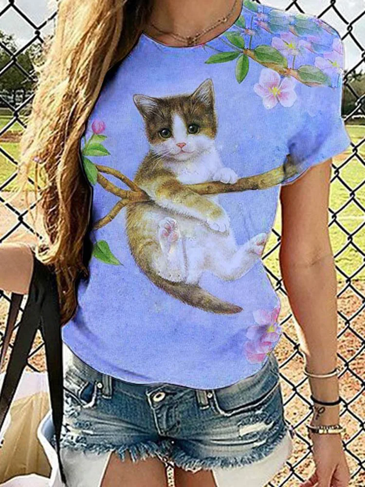 

The new women's casual circular collar short sleeve printed pullover T - shirt