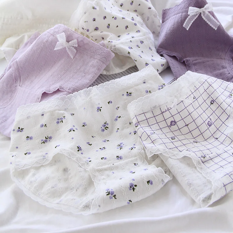 Cute Purple Ruffles Panties Bow Soft Cotton Girl Underwear Broken flower women's Lingerie