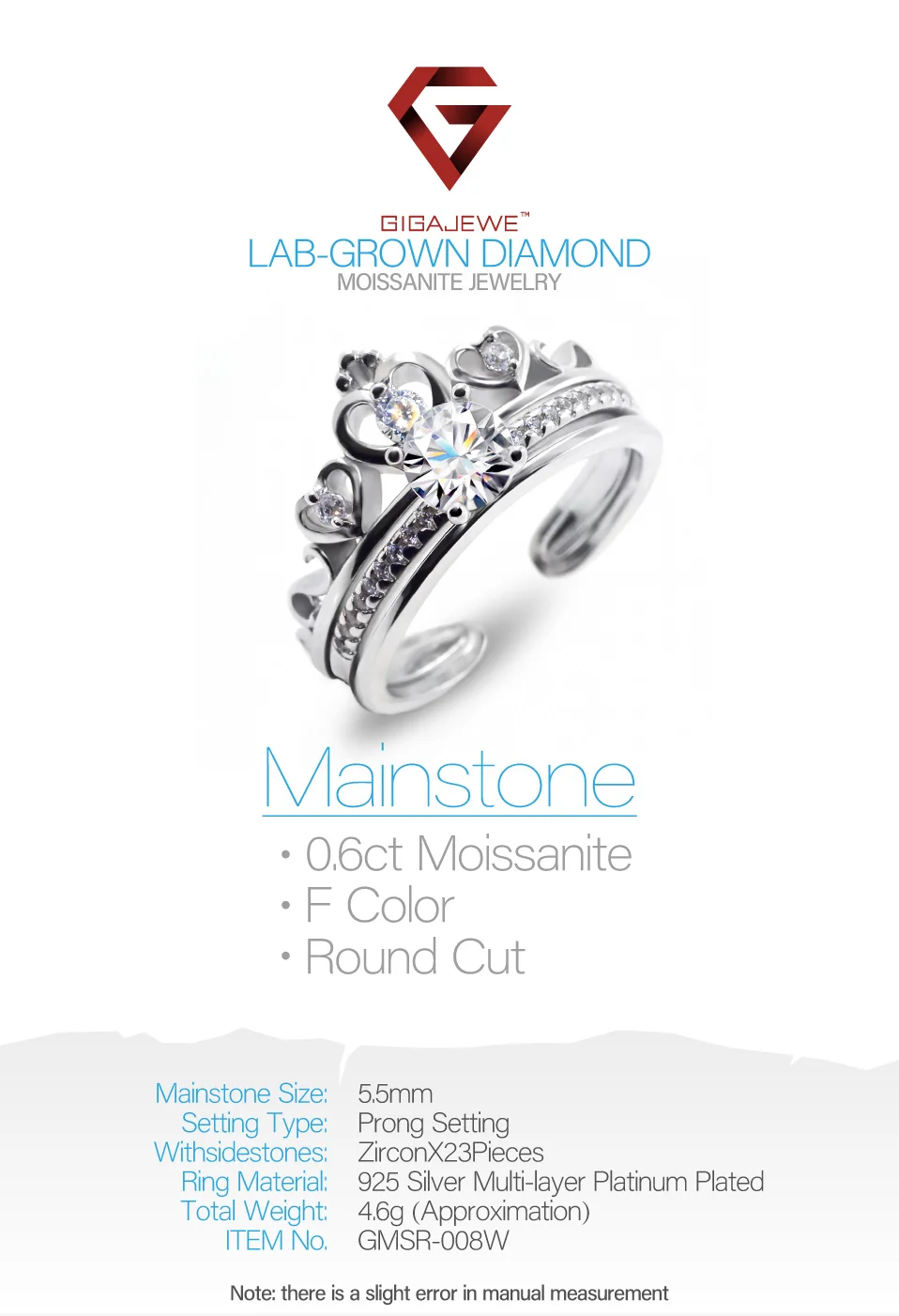 GIGAJEWE Moissanite кольцо 0.6ct 5,5 мм круглая огранка F цвет 925 серебро золото многослойное покрытие модный символ любви подарок подруге