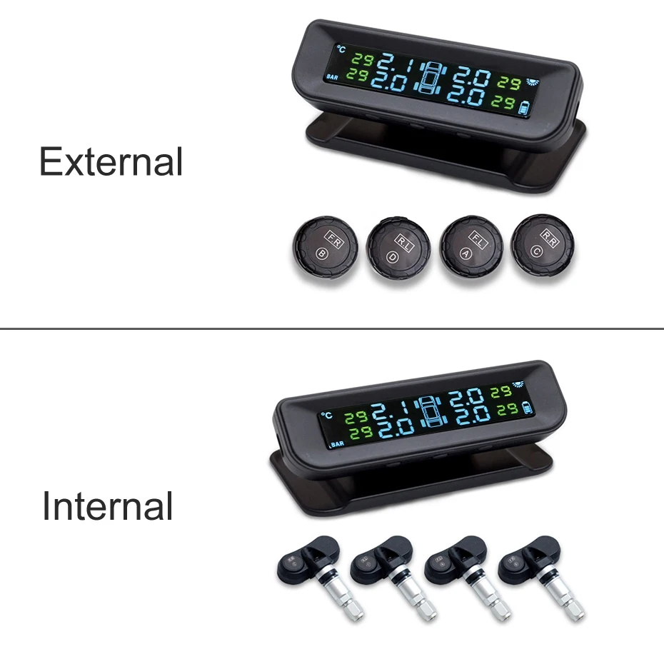 Новая система контроля давления в автомобильных шинах TPMS на солнечной энергии, 4 внутренних датчика, Температурная сигнализация Visture Q01W Q01N Q02W