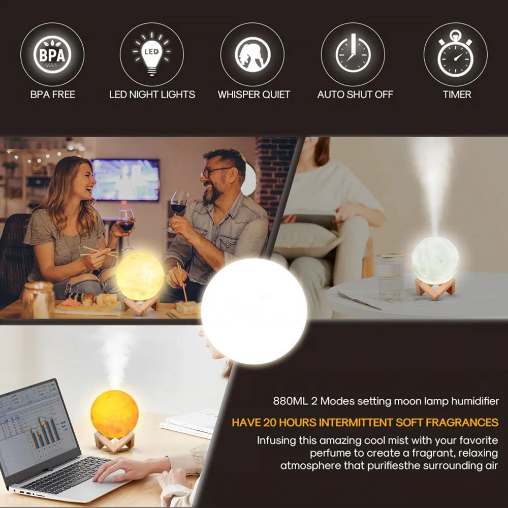 

880ML Air Humidifier Moon Aroma Diffuser+10ML Essential Oil set With Cool Mist Room Humidifier for Bedroom Baby Room Living Room