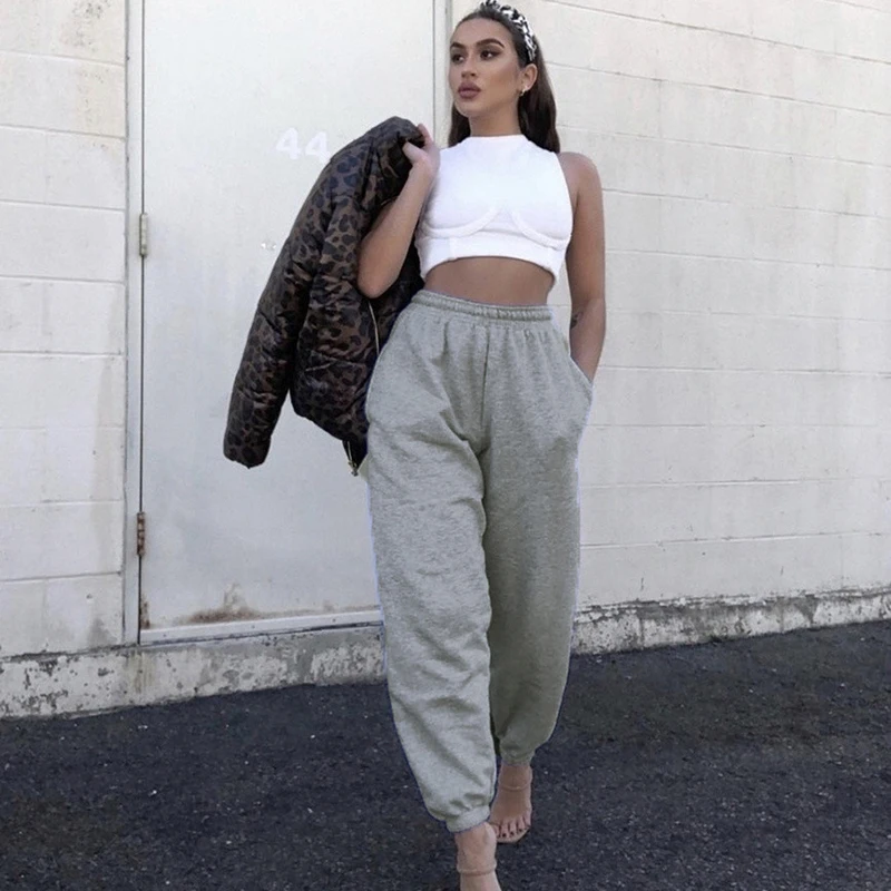 

Autumn Winter 100% Cotton Casual Pants Sweatpants Baggy Trousers Solid Elastic High Waist Pants Workout Sporty Bottom