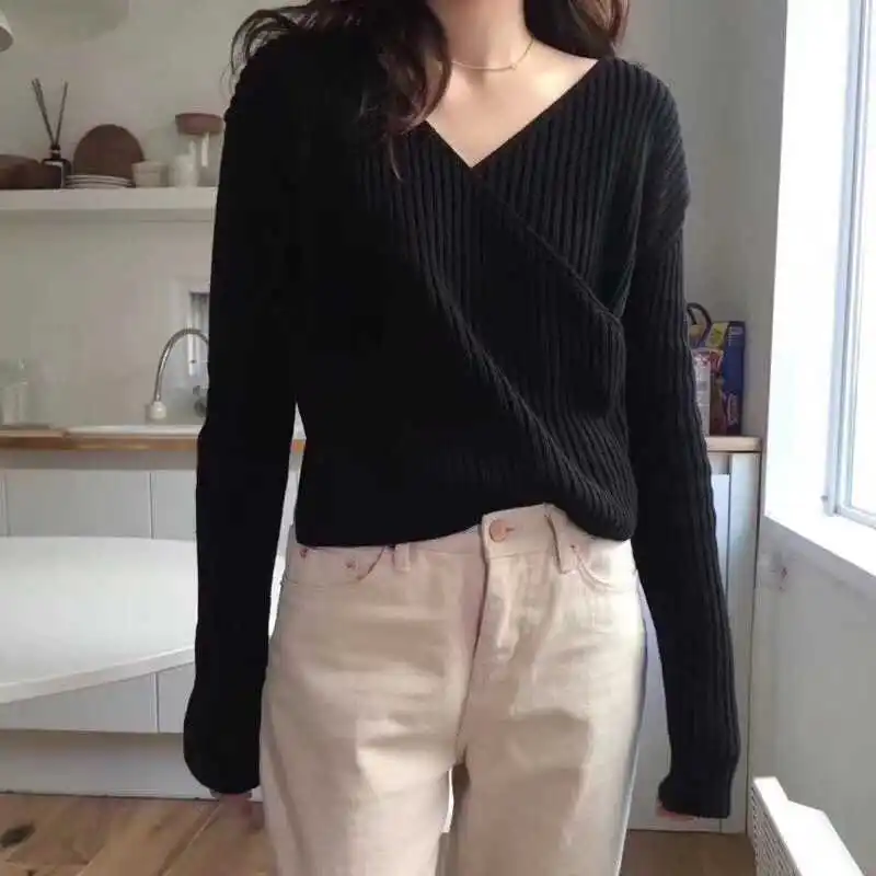 Black sweater Осенний свободный свитер женский винтажный v-образный вырез крест короткий свитер кроп Топы длинный рукав пуловер вязаный джемпер M98092 - Цвет: Black sweater