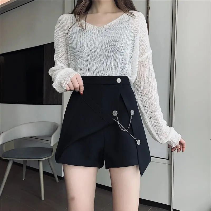 

Black Skirts Women Chains Side Slit High Waist Loose Chic Elegant Simple Fashion Mini Skirts Females Korean Style Irregular Slim