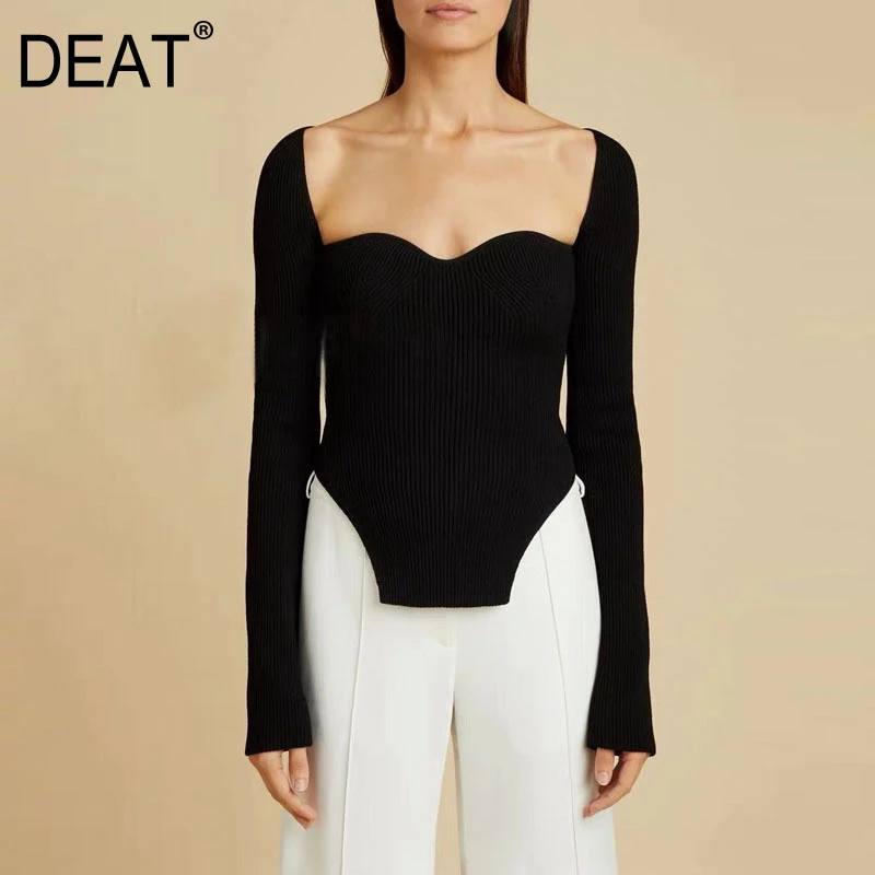 

FAKUNTN 2021 new winter sexy stylish sqaure collar full sleeves knitting pullover sexy slim T-shirt female top WK08001L