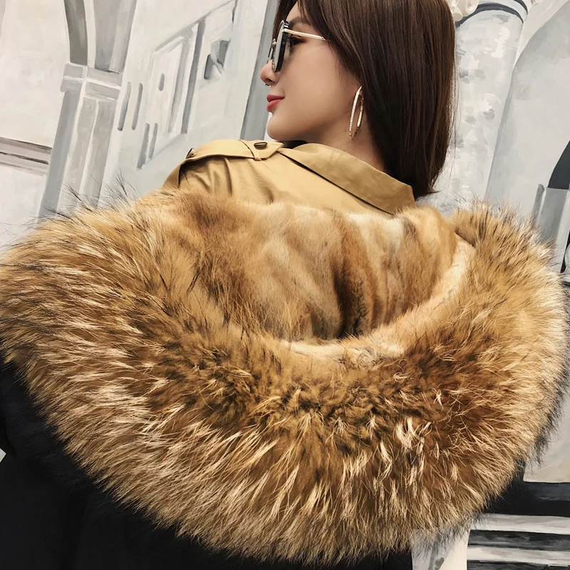 Fashion New Parka Coat Female Fur Lining Coat Raccoon Fur Collar Thick Section Warm Long Section High-end Fur Parka Coat Street