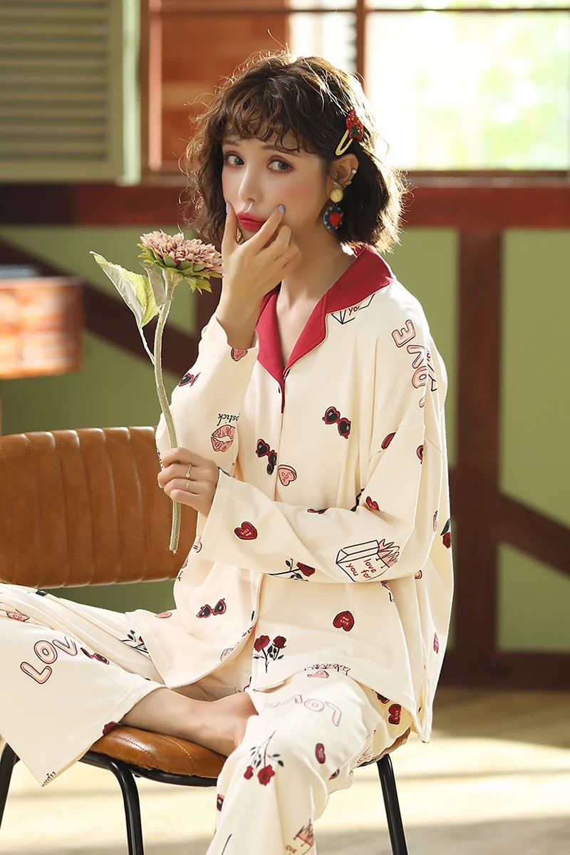 

JVCAKE Women Two Piece Set Women combed cotton long sleeve pajama suit women cardigan outside lapel home service 2020 Autumn