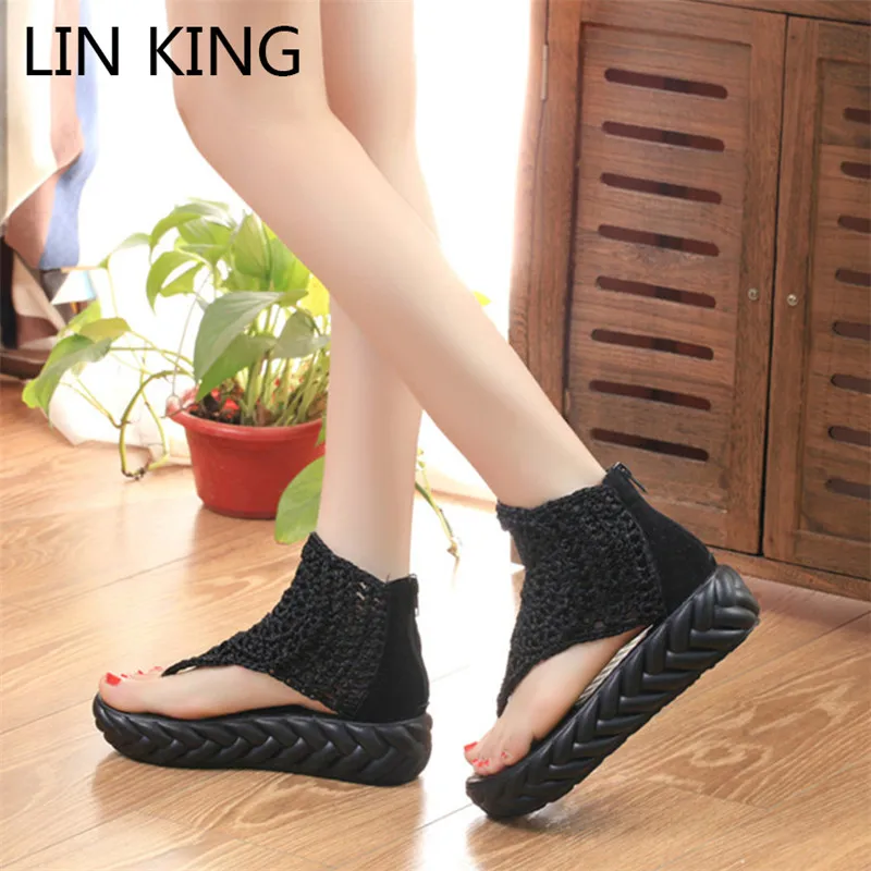 LIN KING/женские сандалии-гладиаторы в стиле ретро Модная вязаная обувь на высокой