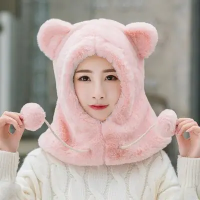 PLOERMIN новые милые Мультяшные уши Skullies Beanies кроличий мех вязаные шапки зимние толстые теплые мягкие Твердые крышки Зимние женские шапки - Цвет: light pink