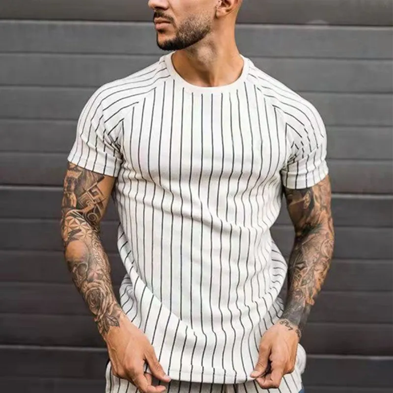 

2021 New Product Striped T-shirt Men Summer Casual Streetwear Round Neck Shirt Poker Print Men Clothing Short Sleeve Tops M-3XL