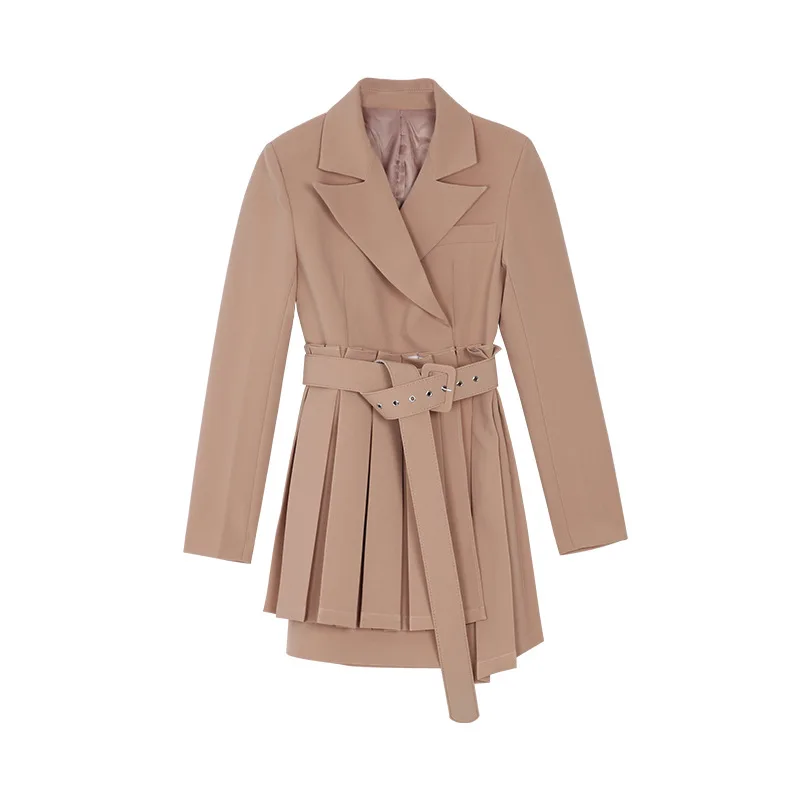 

[DEAT] 2021 New Spring Autumn Fashion Women Blazer Lapel Long Sleeve Patchwork Fake Two Piece Lace Up Suit Dress Female GX1258