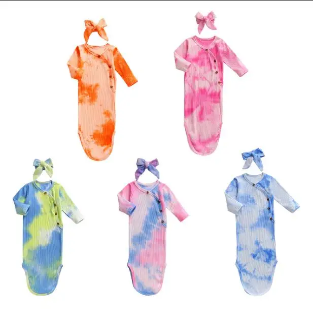 

Baby Sleeping Bag Long Sleeve Fall V-Collar Buttons Knitting Tie Dye Printed Blanket Sleeping Bags Headband