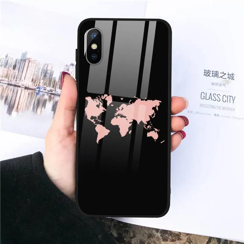 

World map couple black Phone Case Tempered glass For iphone 11 12 PRO MAX X XS XR 5C 6 6S 7 8 plus