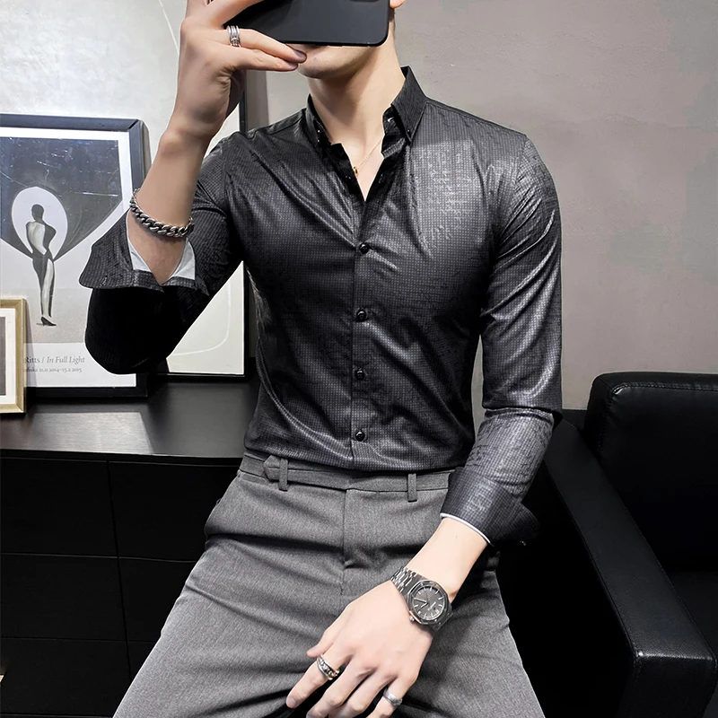 Мужская приталенная рубашка с принтом горячего тиснения длинным рукавом в