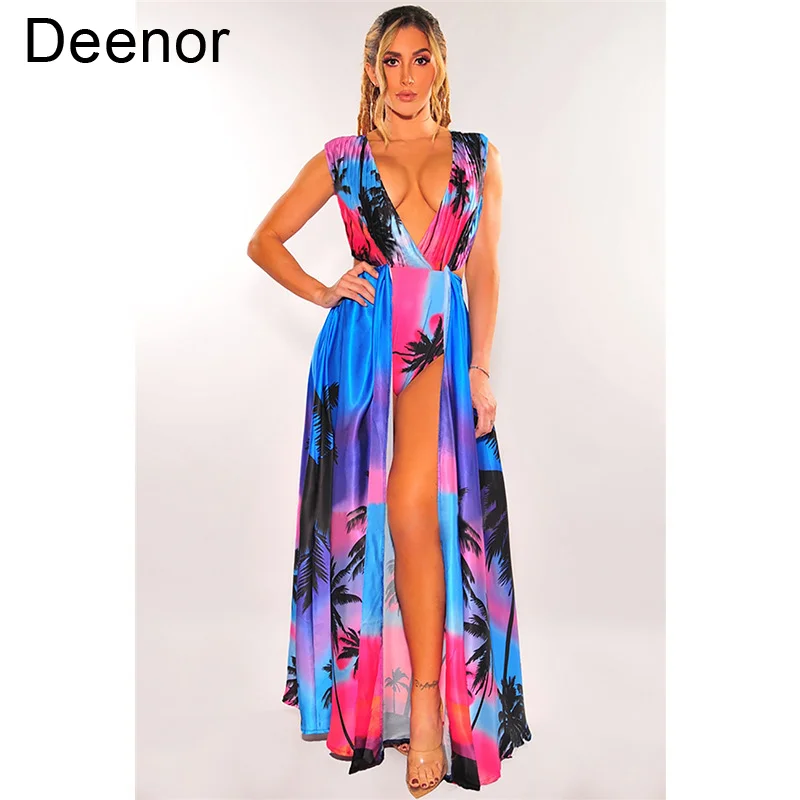 

Deenor Summer 2021 Women Fashionable Sleeveless Split V-neck Printed Swimsuit Dress Street Sexy Casual Slim Thin Beach Dress