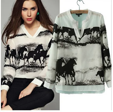 

New women's temperament V-neck ink horse print long-sleeved shirt long sleeve crop top