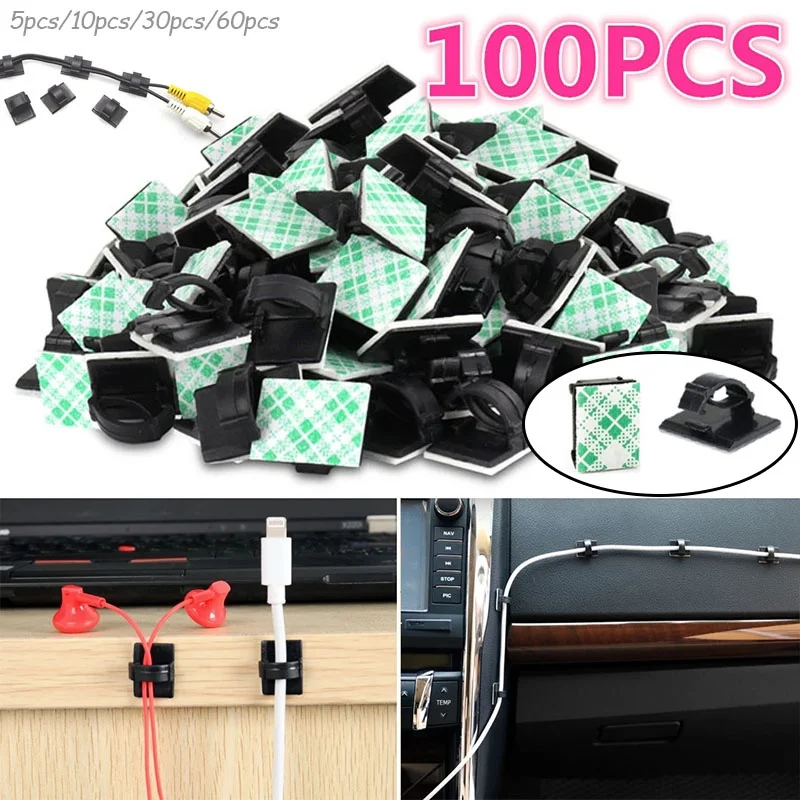 

100/60/30/10pcs Adhesive Car Cable Clips Cable Winder Drop Wire Tie Fixer Holder Cord Organizer Management Desk Cable Tie Clamps
