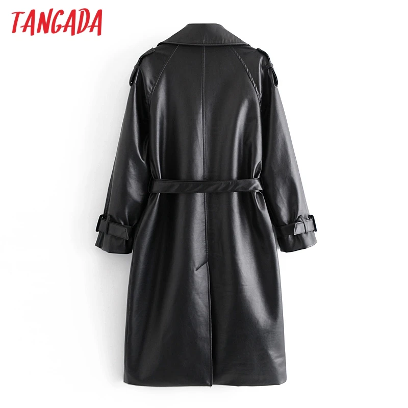 

Tangada women solid black faux leather long trench coat with belt 2020 autumn winter office ladies outwear windbreak QN96
