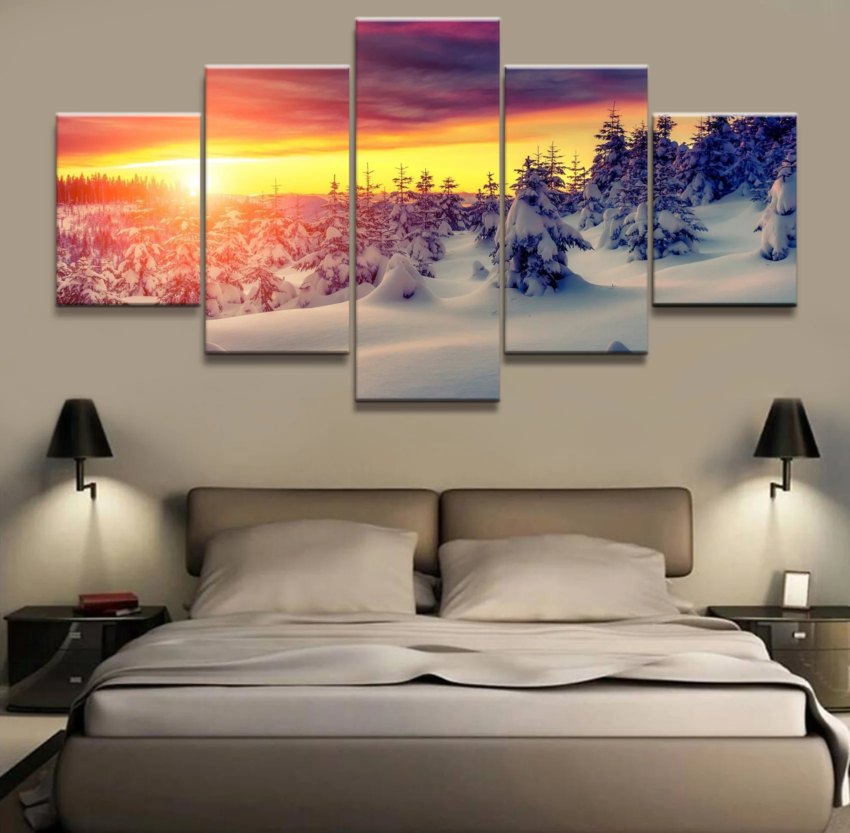 Картина на холсте для стены 5 шт. HD Фэнтези искусство закат Снежный лес картины
