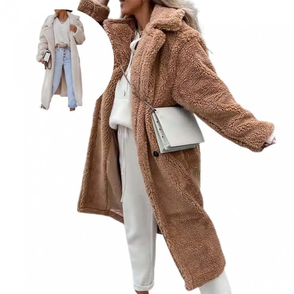 

Side Pockets Fall Winter Lapel Single Button Fluffy Coat for Daily Wear
