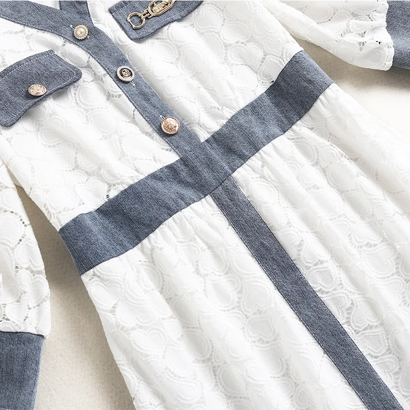 

2021 Spring New Casual V Neck Denim Patchwork Sweet White Lace Dress Woman