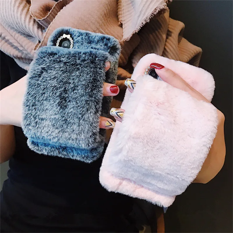 Пушистые Силиконовые чехлы с кроличьим мехом для телефонов iPhone X 8 7 6S Plus Samsung Galaxy S9