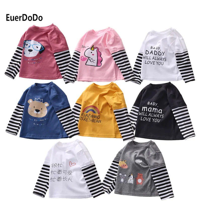 

2020 Brand Xxx Boys Girls Long Sleeve T-shirts Children Autumn Cartoon Stripes Fake Two-piece Tops Newborn Baby Cotton Clothes