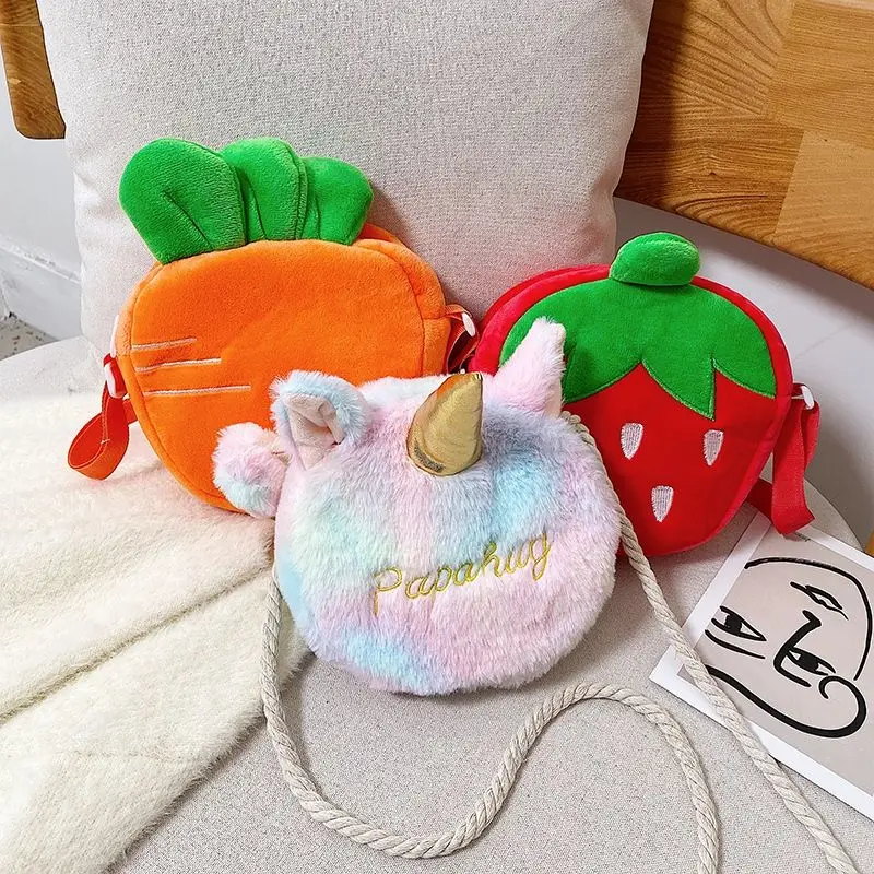 Fashion Soft Plush Baby Girls Coin Purse Handbags Winter Kids Small Shoulder Bag Cartoon Strawberry Children Messenger Bags