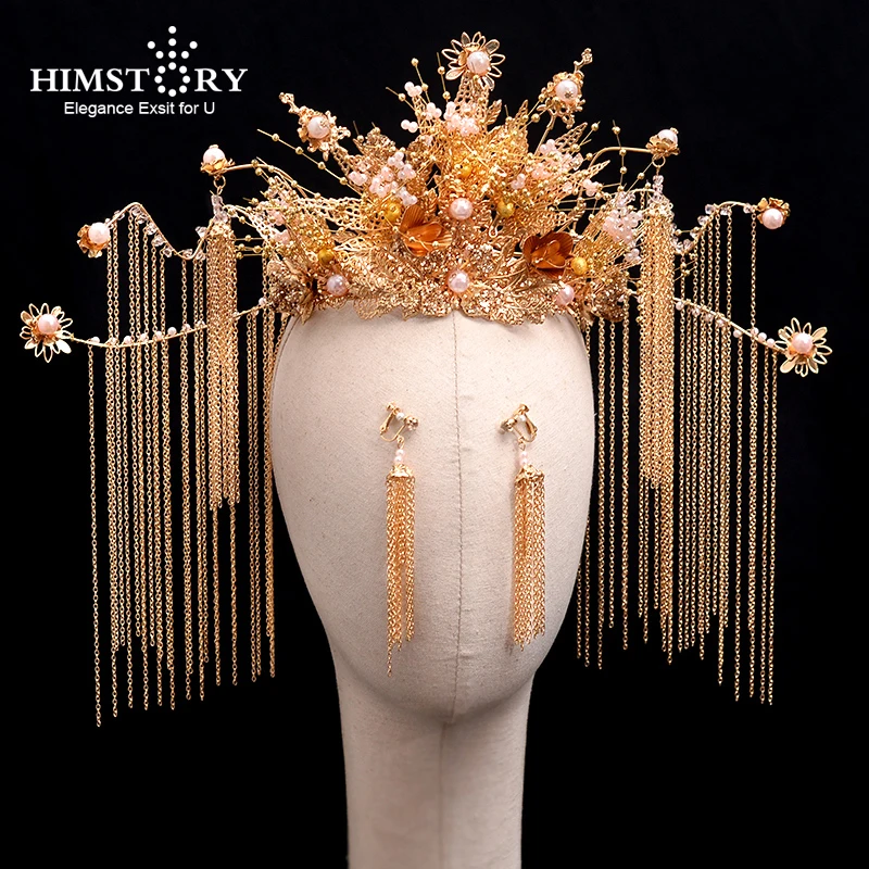 

HIMSTORY Vintage Chinese Wedding Crown Ancient Bridal Beaded Luxury Long Tassel Hairwear Marriage Jewelry Hair Accessorie