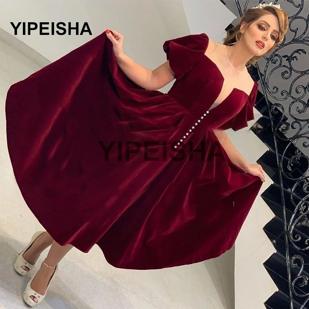 

Burgundy Tea-Length Velvet Prom Dress Short Sleeves Sheer O-Neck Homecoming Dresses White Pearls Evening Party Gowns