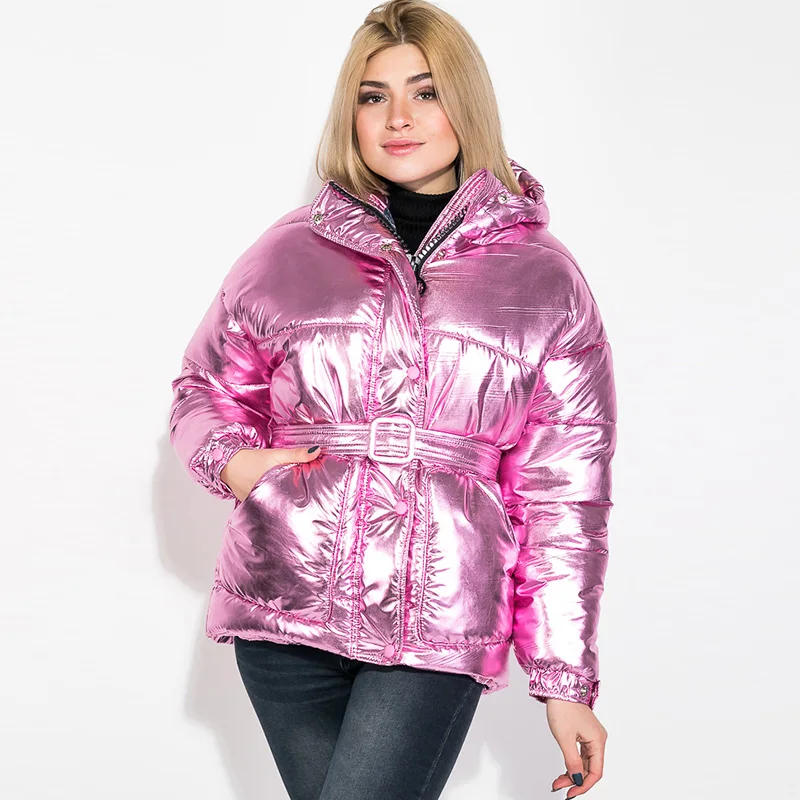 Блестящая Серебристая зимняя куртка Женское зимнее пальто с поясом Женская