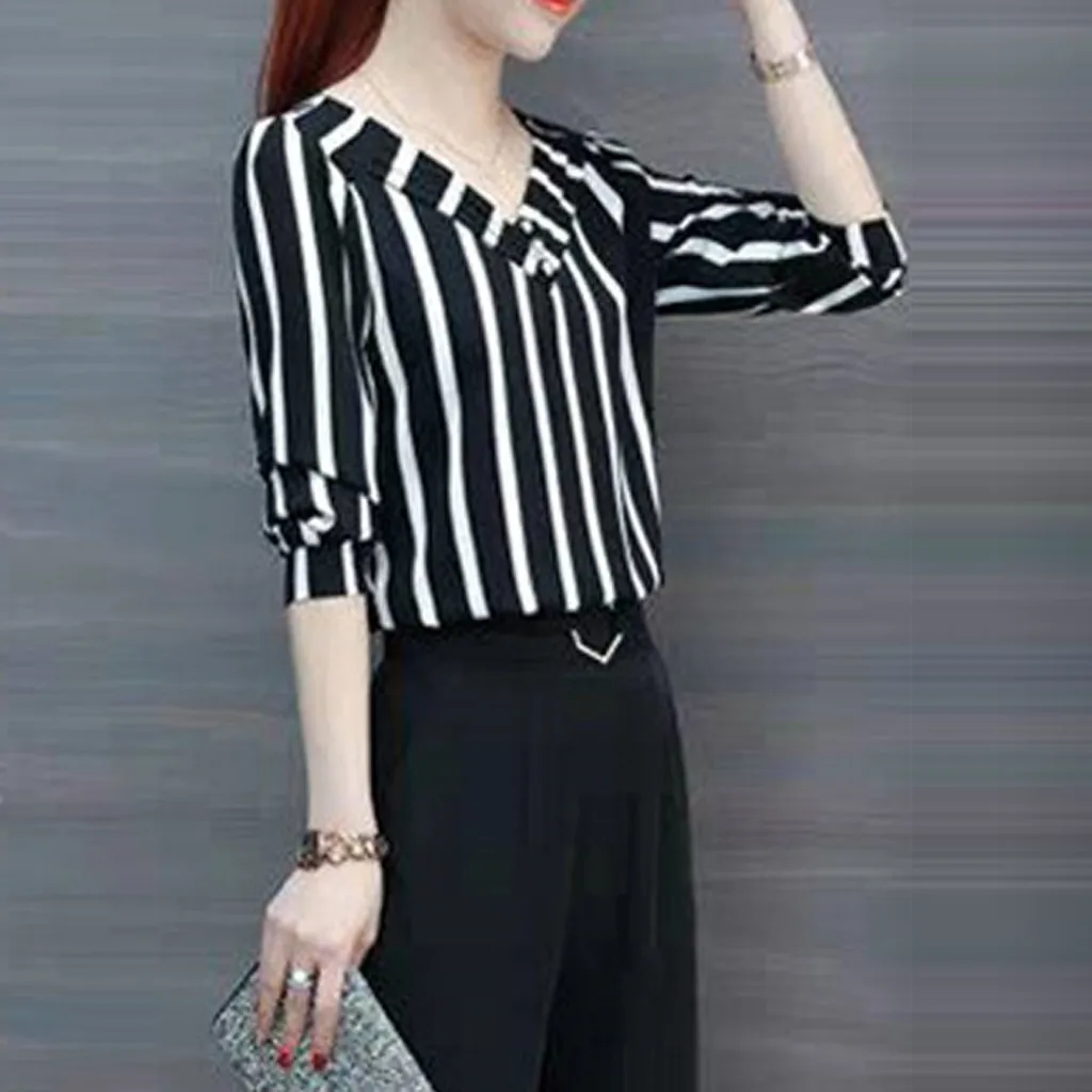 

Women Blouse Three Quarter Sleeve Blouse Leisure Stripe Office Lady Shirts Top Shirts Elegant Office Lady V-neck Button Tops y2k