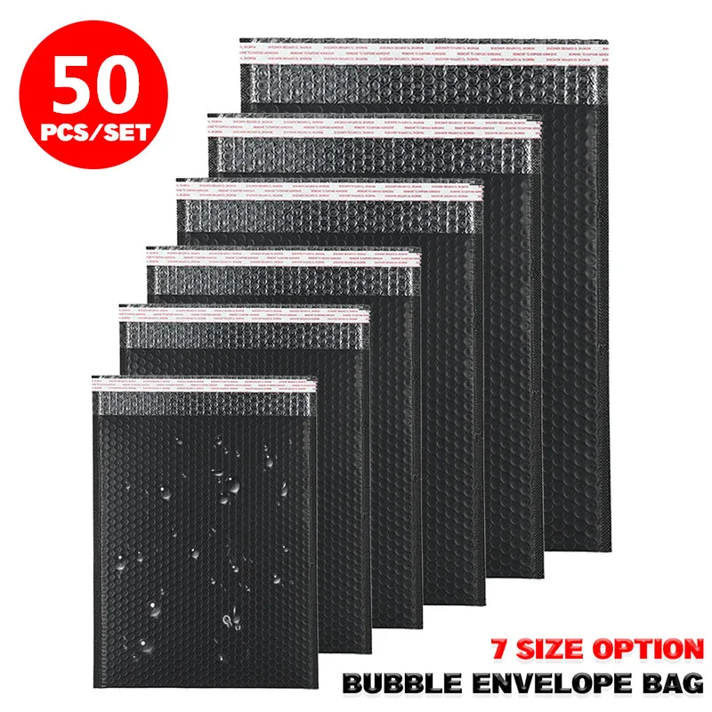 Sobres acolchados con burbujas de color negro, 25 piezas, 50 piezas, 7 tamaños, Poly forrado, a prueba de golpes, impermeable, autosellado