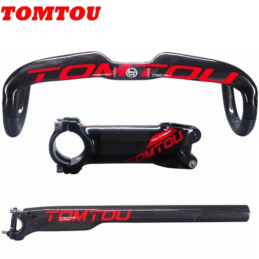 

TOMTOU Carbon Road Bicycle Handlebar + Seatpost + Stem Cycling Parts Bike Road Aero Handlebar Sets Glossy Red - TH5T68