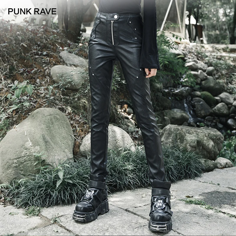 

PUNK RAVE Girl's Zipper Fly Rivets Skinny Faux Leather Pants Trousers Women High Waist Pants Handsome Streetwear