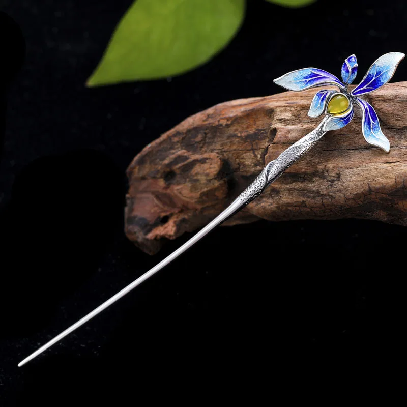 

Bastiee 925 Sterling Silver Hairpins Orchid Flower Hair Stick Cloisonne Enamel Luxury Jewelry Hair Pin Chinese Vintage Handmade