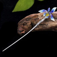 925 sterling silver orchid flower hair stick cloisonne enamel luxury jewelry blue hair pin chinese vintage handmade hairpins