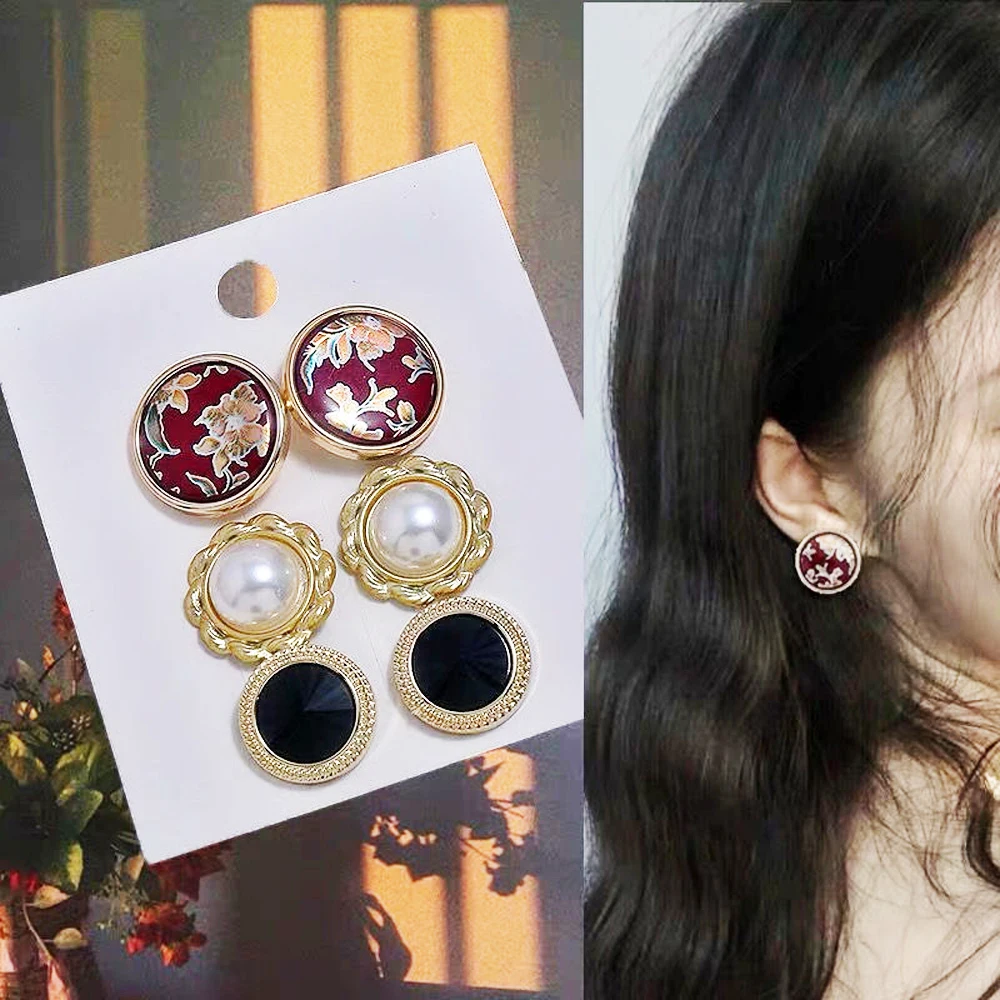 Retro Flowers Inlaid Imitation Pearl Earrings Female Creative Simple Alloy Stud Jewelry Party Gift Ear 6 Pcs/Set | Украшения и