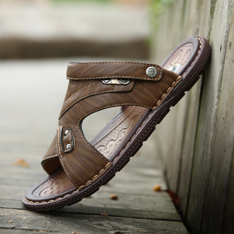 2019 летние сандалии мужская кожаная повседневная обувь Мужские дышащие шлепанцы
