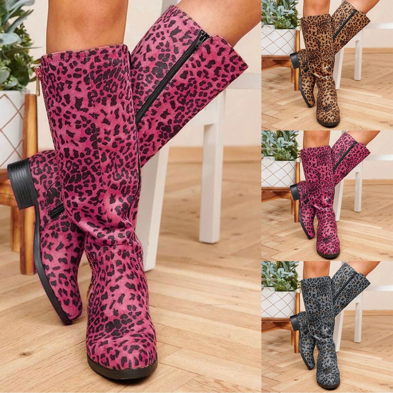 

Women's Fashion High Top Rider Boots Shoes Leopard Print Flock Side Zipper Flat Bottom Boots Autumn Winter Keep Warm Boots botas