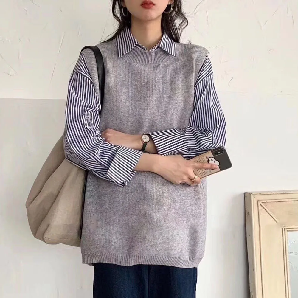 

2021 Autumn Winter New Two-piece Sweater Solid Color Vest Fashion Casual Striped Shirt Round Neck Long Sleeve Japanese Style
