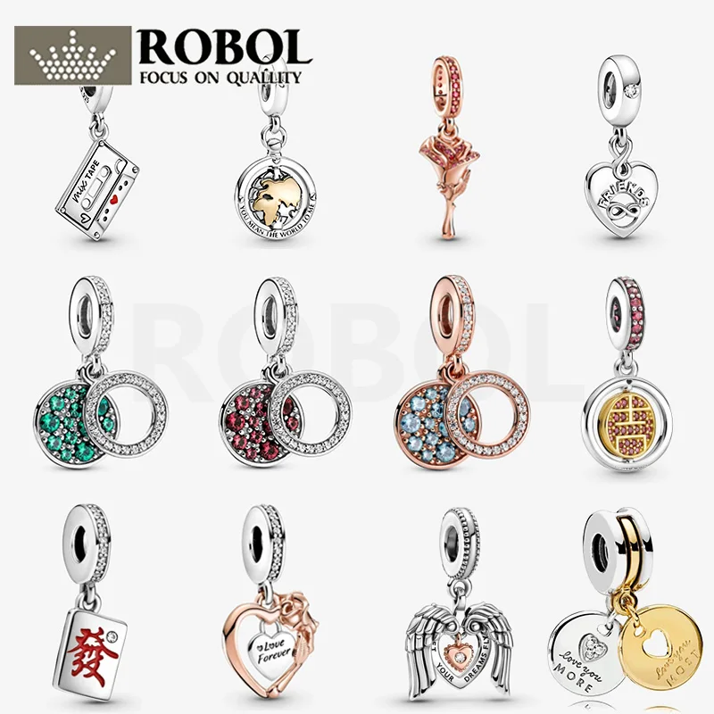 

70 High Quality Original 925 Sterling Silver Jewelry Sparkling Red Green Disc Double Dangle Charm Fit for DIY Bracelet Necklace