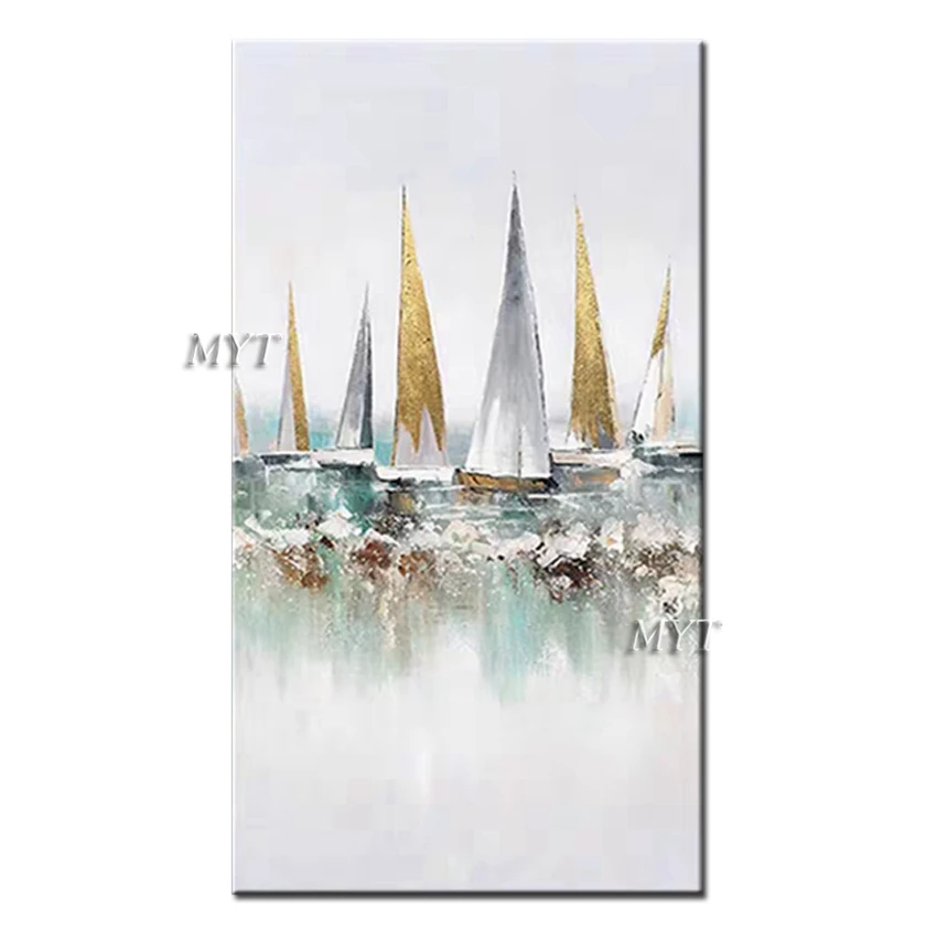 

Abstract Sailboat Oil Painting Gold Foil Art Design 100% Hand-painted Paintings Wall Art Modern Home Living Room Decor Artwork