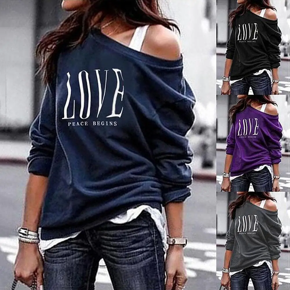 

New Fashion Women Sexy One Off Shoulder T-shirt Sweatshirt Love Letter Print Long Sleeve Pullover tee tops t shirts